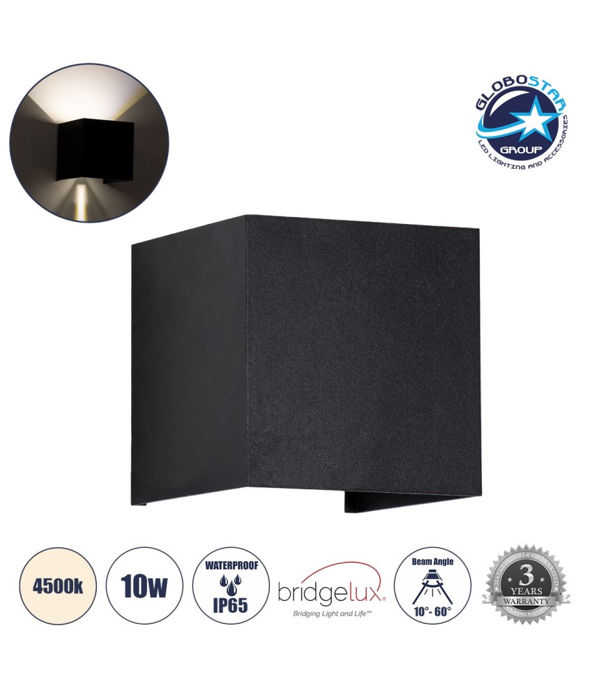 GLOBOSTAR® AXIS-S 60565 Μοντέρνο Φωτιστικό Τοίχου - Απλίκα LED 10W 1200lm 5°-60° AC 220-240V Αδιάβροχο IP65 Φυσικό Λευκό 4500K - Bridgelux COB Chip & TÜV SÜD Driver - Μαύρο Ματ - Μ10 x Π10 x Υ10cm - 5 Χρόνια Εγγύηση